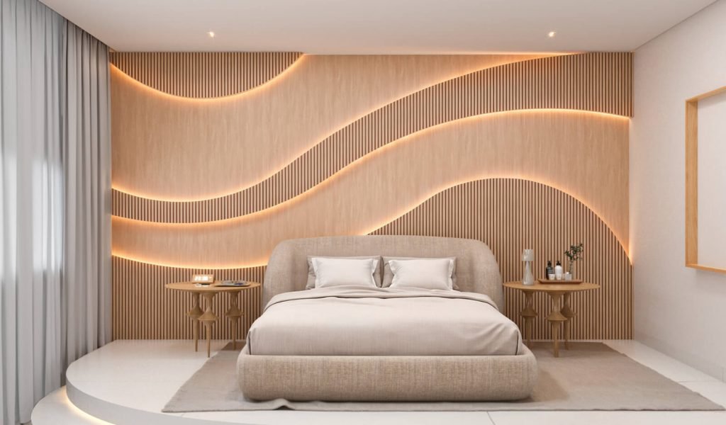 Quarto moderno com painel orgânico e LED indireto – Luana Taquary