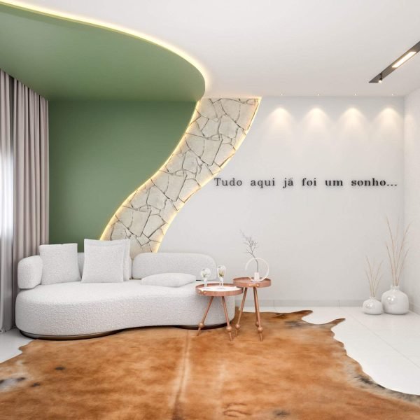 Sala design orgânico com pedra natural – Luana Taquary