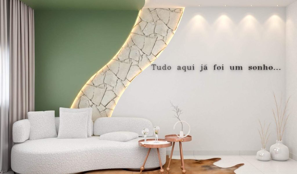 Sala design orgânico com pedra natural – Luana Taquary