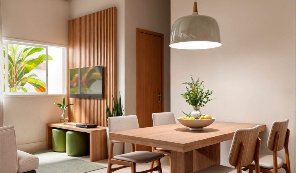 Sala integrada com painel ripado – Luana Taquary